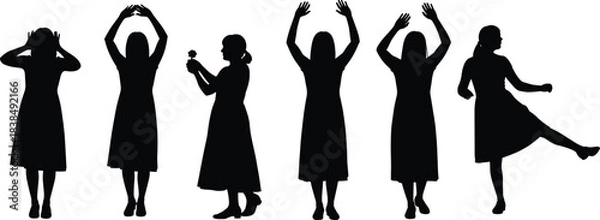 Fototapeta Cartoon silhouette set of expressive poses with gestures, flower, and movement for lifestyle, dance, and communication themes.