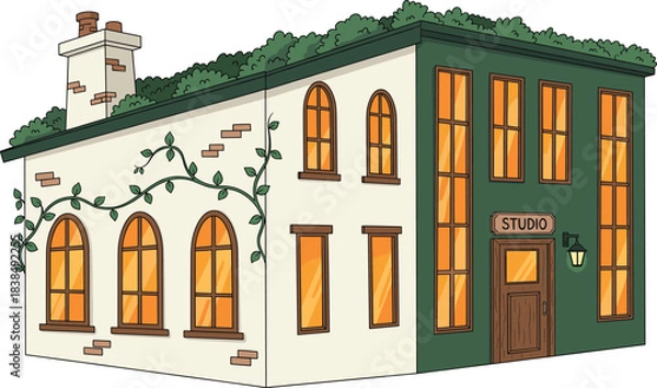 Fototapeta Cartoon studio building with green rooftop, vines, arched windows, and creative facade for architectural and lifestyle themes.