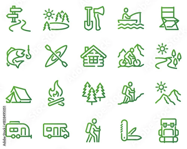 Fototapeta Simple Set of Travel Outdoor Related Vector Line Icons. Contains such Icons as Campfire, Hiking, Camp Trailer and more