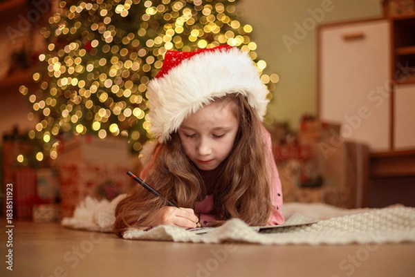 Obraz Christmas wish list, Girl writing letter to Santa Claus, christmas, holidays and childhood concept, girl making wish list or letter to santa at home