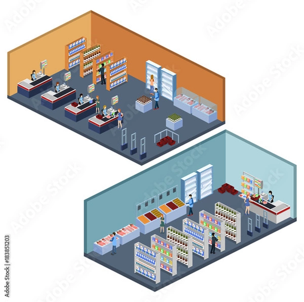Fototapeta Isometric 3D vector illustration set of a grocery store with buyers and cashier