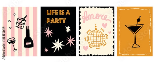 Fototapeta  Elegant whimsical cocktail illustration poster with glass and disco ball globe. Abstract retro vintage poster design featuring refreshing drinks, perfect for summer bar menus and beverage concepts.