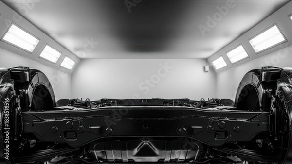 Fototapeta Car undercarriage on lift in well-lit garage — ideal for automotive maintenance, undercoating service and vehicle protection content.