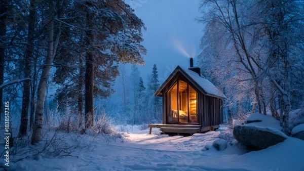 Obraz Winter Forest Cabin at Twilight