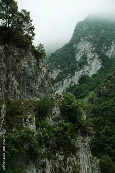 Fototapeta View of the Xanas Gorge in Asturias. Steep rocky cliffs with green vegetation. Foggy mountains. Hiking trail