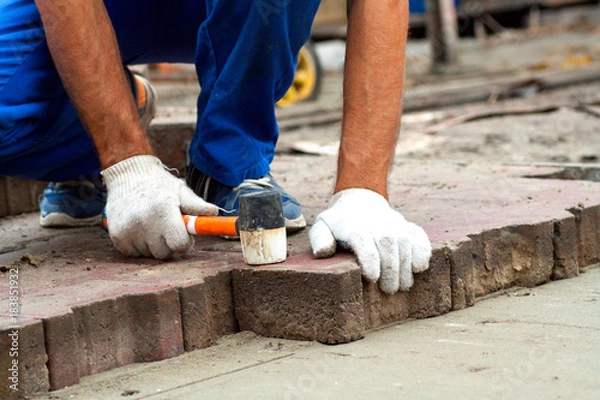 Obraz the master paves the paving slab professionally