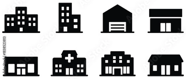 Obraz Building icon set, Urban architecture symbol pack, City structure silhouette collection