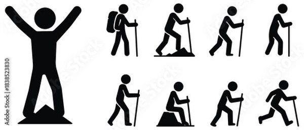 Obraz Mountain climbing stickman set, Hiking and ascent figure pack, Outdoor adventure silhouette collection