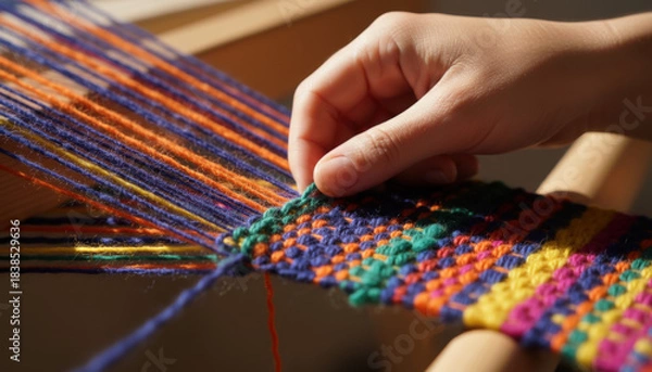 Obraz Hand weaving vibrant textile patterns on a loom