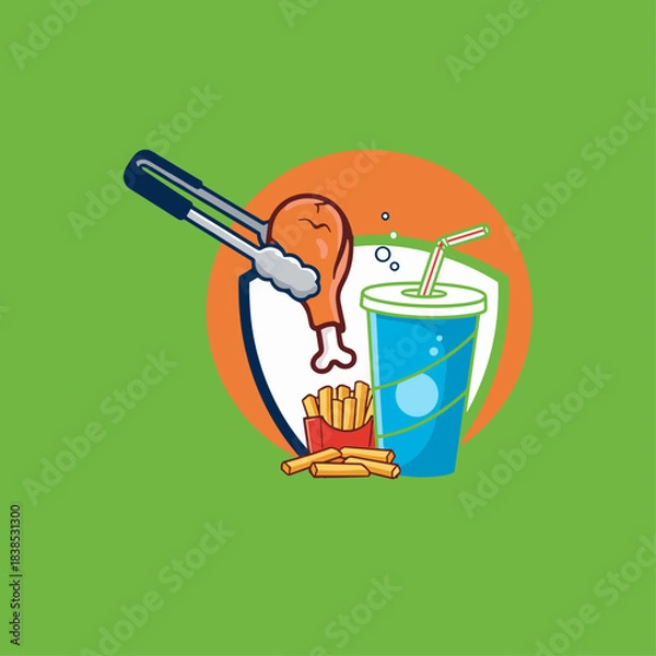 Fototapeta Fried chicken with fries and juice, Fast food shop icon logo flat vector design