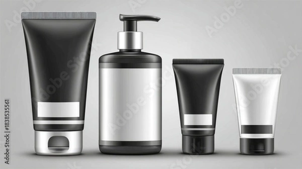 Fototapeta Four sleek, unlabeled cosmetic or hygiene product containers, in shades of black and silver