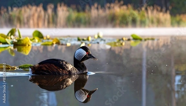 Obraz Bird on calm water, sunrise reflection