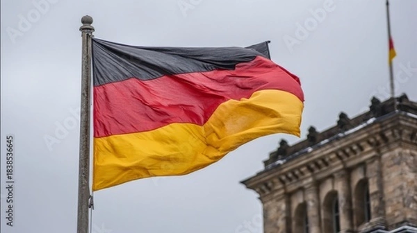 Fototapeta German flag waving proudly in front of a building's partial facade, cloudy sky background