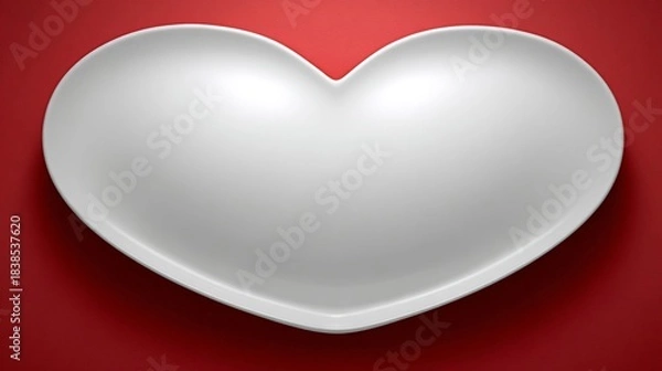 Fototapeta Glossy, white, heart-shaped dish against a vibrant red backdrop, a symbol of love