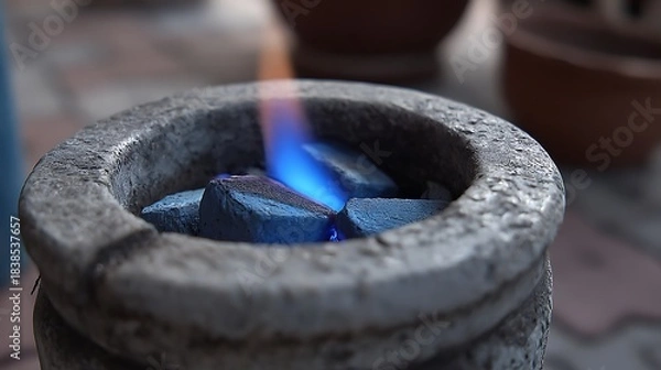 Fototapeta Glowing blue flames emanate from charcoal pieces inside a weathered stone bowl, close-up