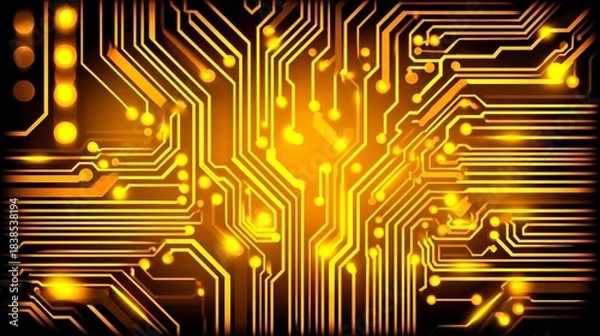 Fototapeta Glowing golden digital circuitry with vibrant light effects on a solid black background