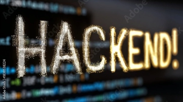 Fototapeta Glowing "HACKEND!" text over a blurred code background, suggesting a hacking theme