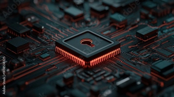 Fototapeta Glowing microprocessor, highlighting a security key icon, set against a dark circuit board