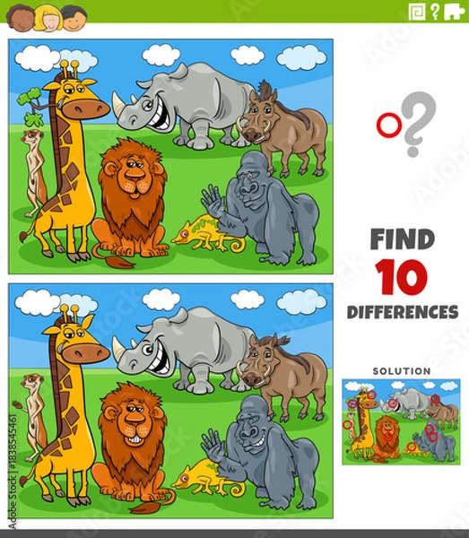 Obraz differences activity puzzle with cartoon wild animals group