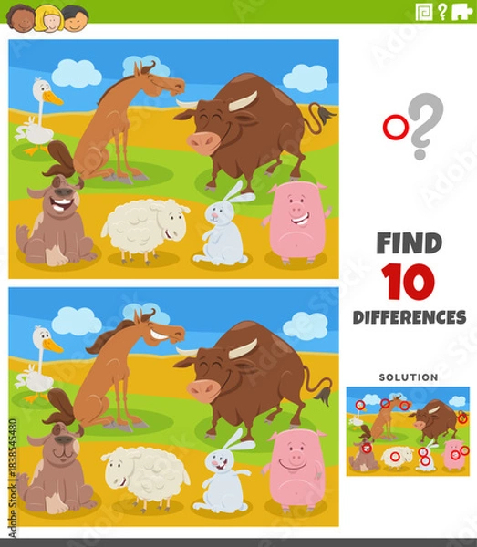Obraz differences activity puzzle with cartoon farm animals