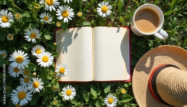 Fototapeta Open book, coffee cup, and straw hat on grass with daisies  