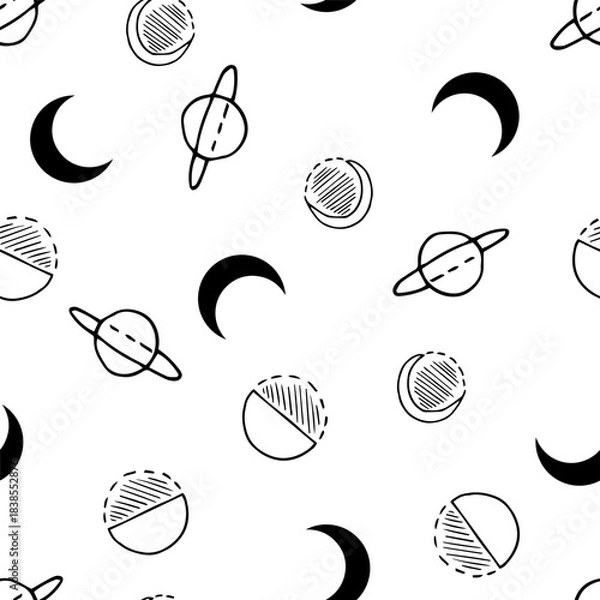 Obraz Hand Drawn Moon Planets Black and White Vector Seamless Pattern