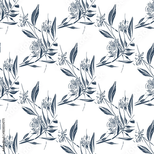 Obraz Black and white seamless pattern with flowers.  Vector illustration