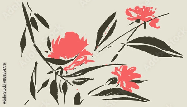 Obraz Flowers and leaves in Chinese style. Vector illustration.