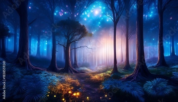 Fototapeta Mystical Magical Enchanted Forest At Night With Glowing Lights Ai Generative