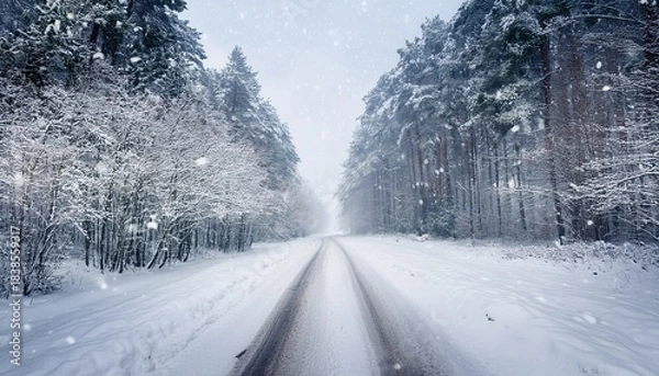 Fototapeta Road In A Winter Forest Covered With Snow Heavy Snowfall