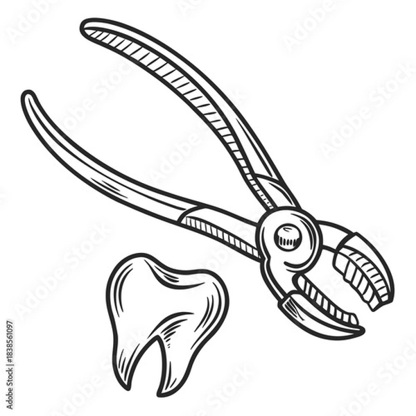 Fototapeta Striking black and white drawing of professional dental forceps ready for tooth extraction procedure in a clinic