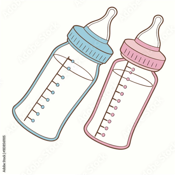 Fototapeta Charming pair of baby feeding bottles, one blue for a boy and one pink for a girl, ready for nursery design projects