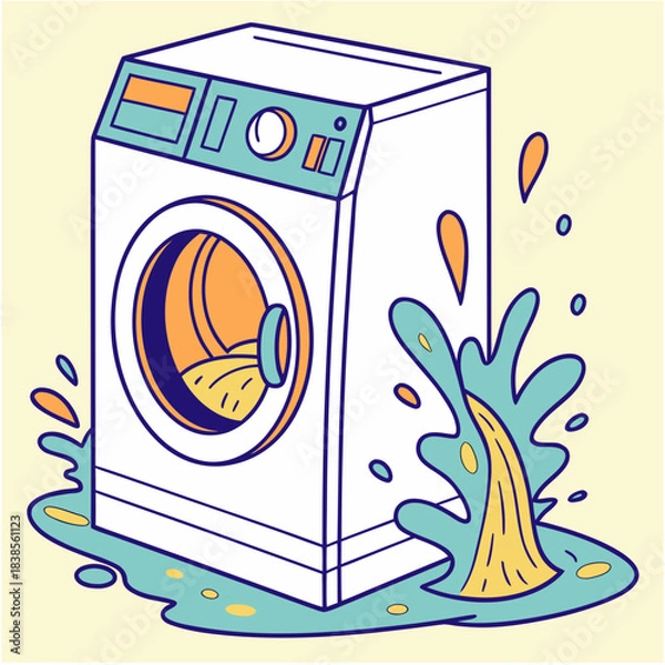 Fototapeta Washing machine overflowing with water causing a messy home repair or appliance breakdown emergency