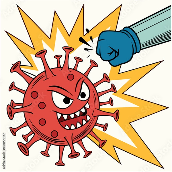 Fototapeta Fist punch defeats angry red virus cartoon with explosive impact, symbolizing fighting illness and winning.