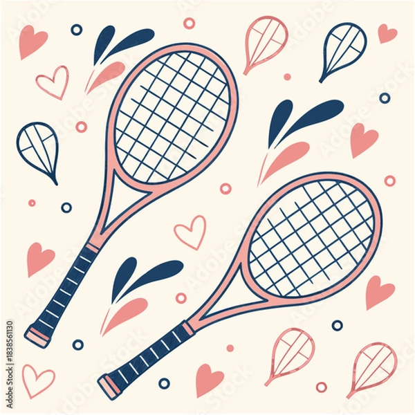 Fototapeta Charming pattern featuring two pink and blue tennis rackets with playful hearts and abstract shapes, perfect for sports apparel