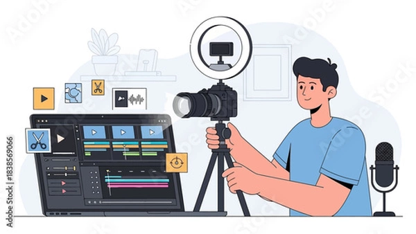 Fototapeta Young man creating video content with camera and computer software