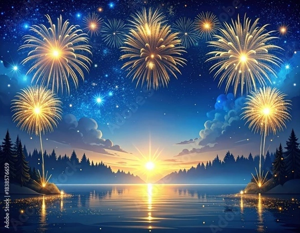 Obraz Night sky background with fireworks celebrating the arrival of the new year