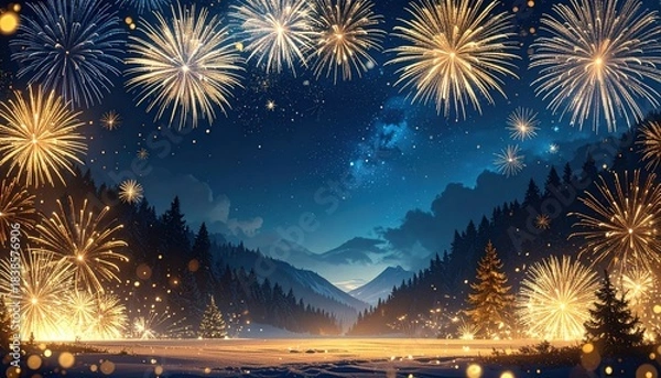 Obraz Night sky background with fireworks celebrating the arrival of the new year