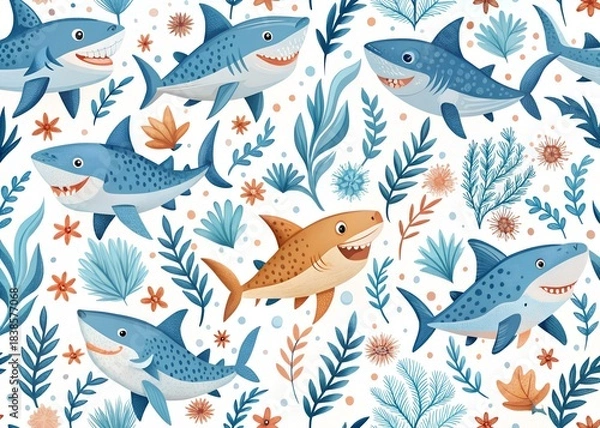 Fototapeta Seamless pattern with watercolor sharks seaweed and coral reef elements on white background