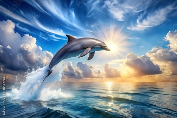 Fototapeta A majestic dolphin leaps from the ocean towards a brilliant sunrise and cloudscape