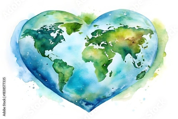 Fototapeta Watercolor heart shaped world map with continents and oceans in soft hues