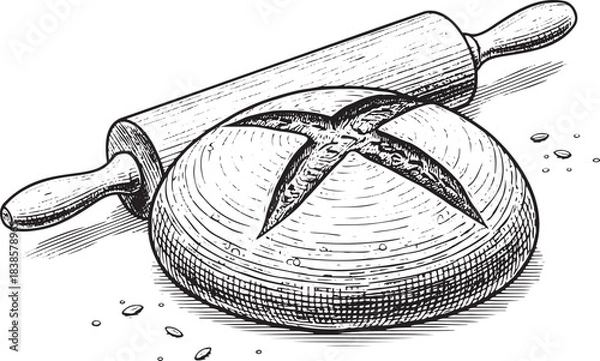 Obraz Freshly Baked Artisan Bread Loaf with Rolling Pin - Engraving Vector