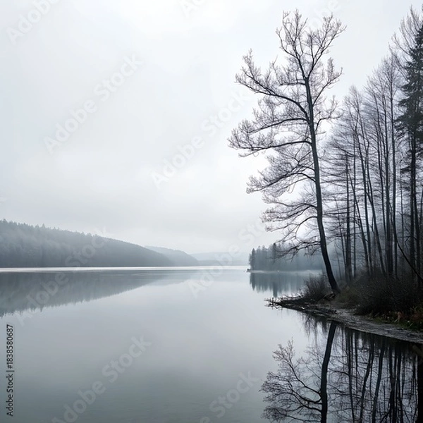 Fototapeta Tranquil Lake with Bare Trees Reflected in Winter Mist