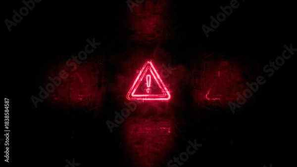 Fototapeta 赤い警告アイコンがきらめき、デジタルコードの雨がさらさら流れるサイバー空間を表現。危機感と未来への強さや回復力を感じさせ、セキュリティ関連の広告