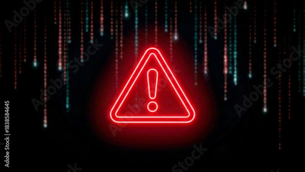 Fototapeta 赤い警告アイコンがきらめき、デジタルコードの雨がさらさら流れるサイバー空間を表現。危機感と未来への強さや回復力を感じさせ、セキュリティ関連の広告