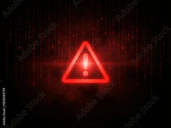 Fototapeta 赤い警告アイコンがきらめき、デジタルコードの雨がさらさら流れるサイバー空間を表現。危機感と未来への強さや回復力を感じさせ、セキュリティ関連の広告