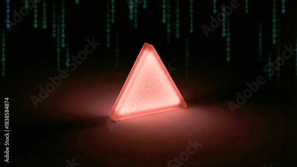 Fototapeta 赤い警告アイコンがきらめき、デジタルコードの雨がさらさら流れるサイバー空間を表現。危機感と未来への強さや回復力を感じさせ、セキュリティ関連の広告