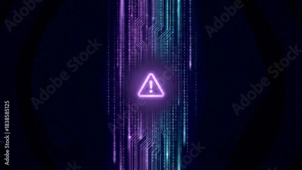 Fototapeta 赤い警告アイコンがきらめき、デジタルコードの雨がさらさら流れるサイバー空間を表現。危機感と未来への強さや回復力を感じさせ、セキュリティ関連の広告