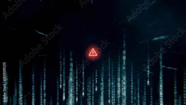 Fototapeta 赤い警告アイコンがきらめき、デジタルコードの雨がさらさら流れるサイバー空間を表現。危機感と未来への強さや回復力を感じさせ、セキュリティ関連の広告