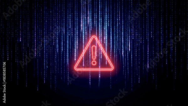 Fototapeta 赤い警告アイコンがきらめき、デジタルコードの雨がさらさら流れるサイバー空間を表現。危機感と未来への強さや回復力を感じさせ、セキュリティ関連の広告